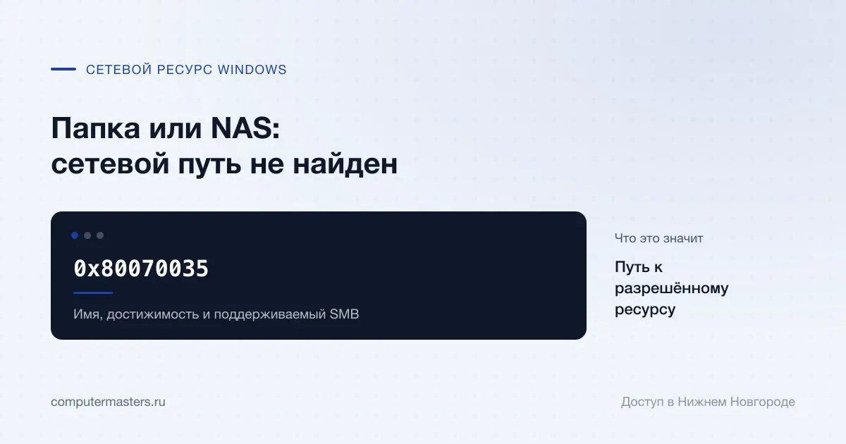 Код 0x80070035 и проверка имени, сетевой достижимости и SMB ресурса
