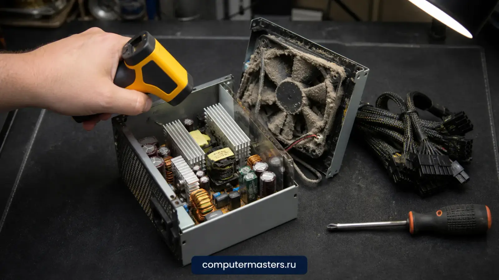 Блок питания вынут из системного блока, мастер проверяет разъёмы и напряжения