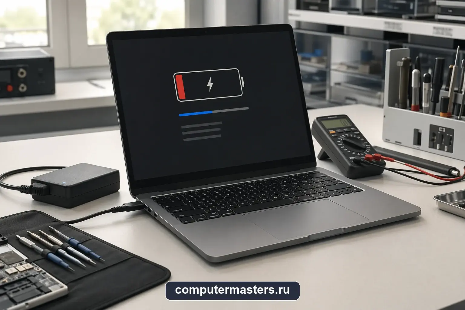 Ноутбук с подключённым блоком питания, на экране значок питания без роста заряда