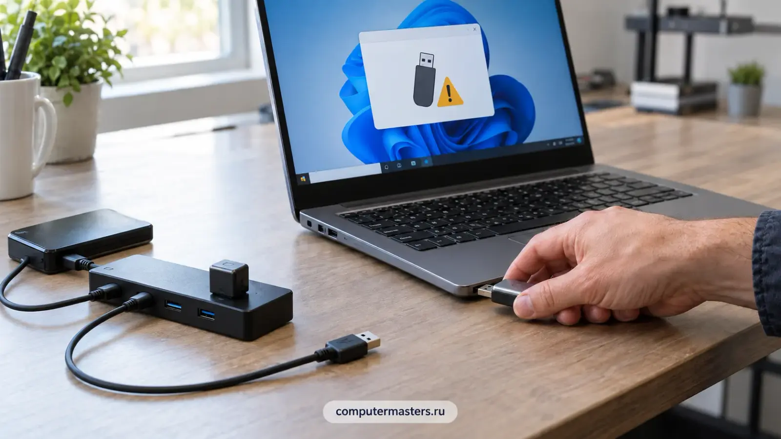 На экране ноутбука уведомление о неопознанном USB-устройстве, рука подключает флешку напрямую в порт