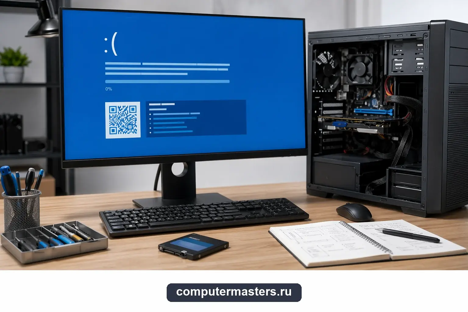 Экран с ошибкой Windows на компьютере клиента, мастер записывает код