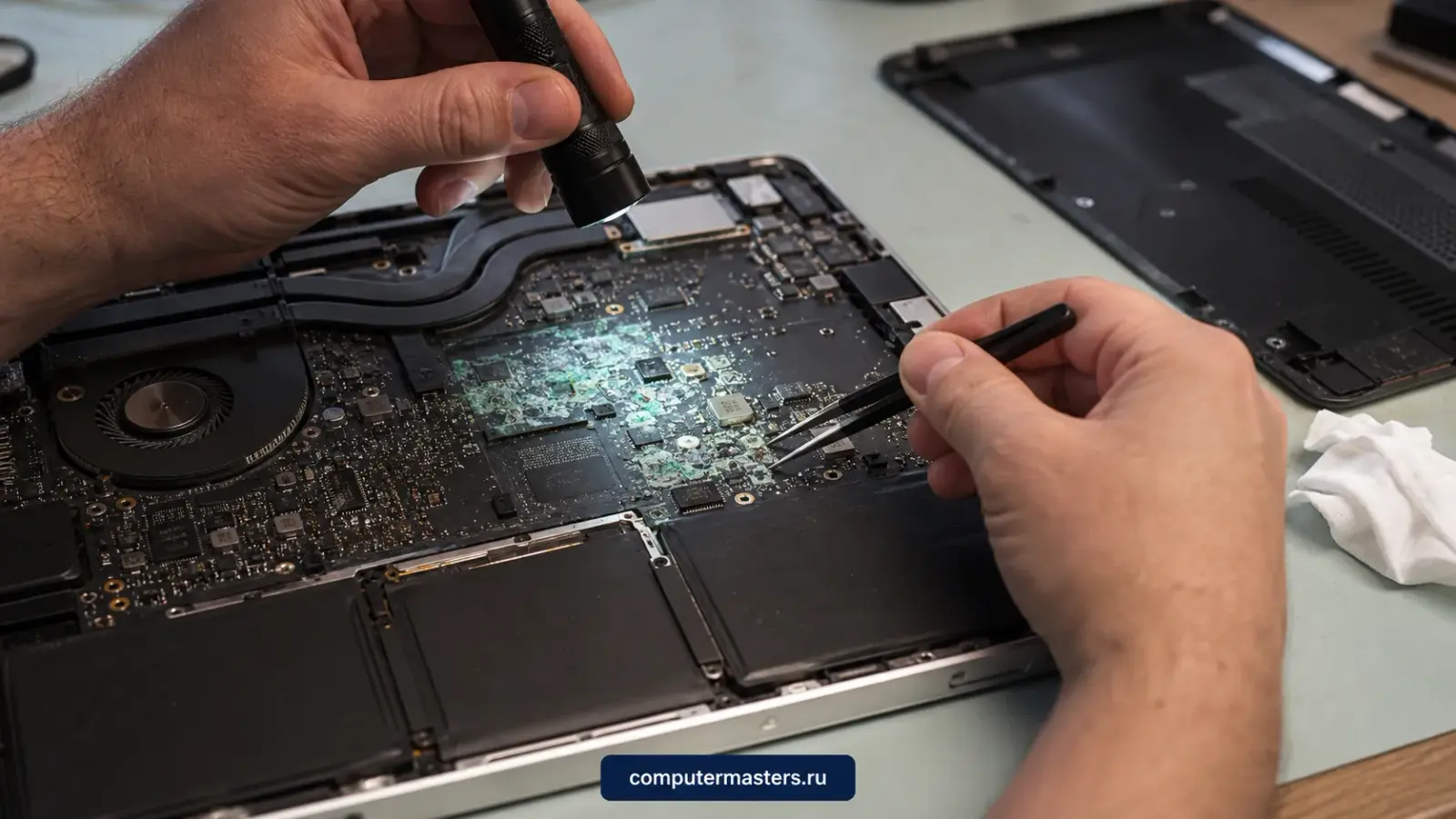 Настольный компьютер Apple со снятой крышкой, проверка накопителя и охлаждения
