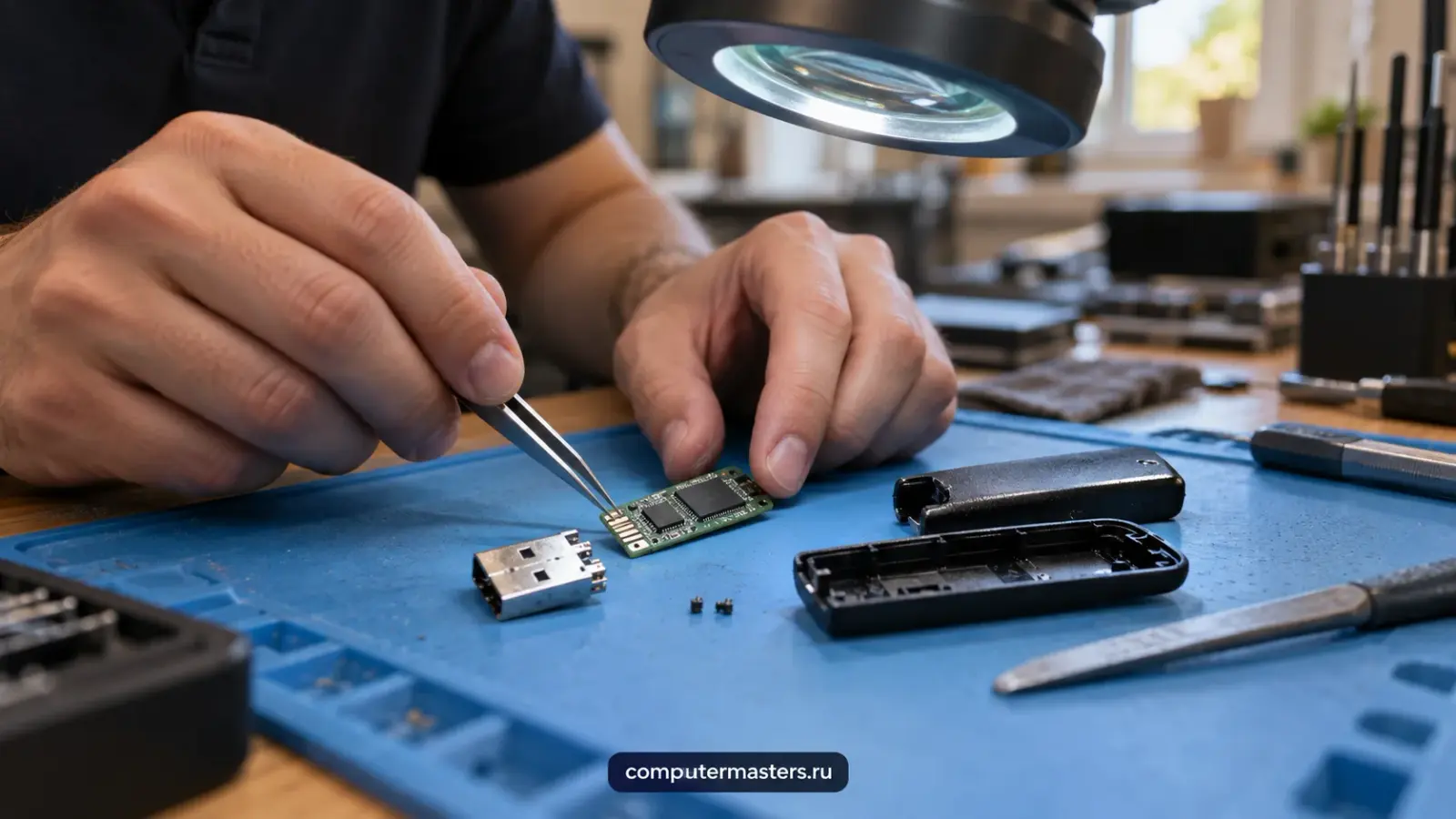 Плата USB-накопителя под увеличением, видны контакты и микросхема памяти