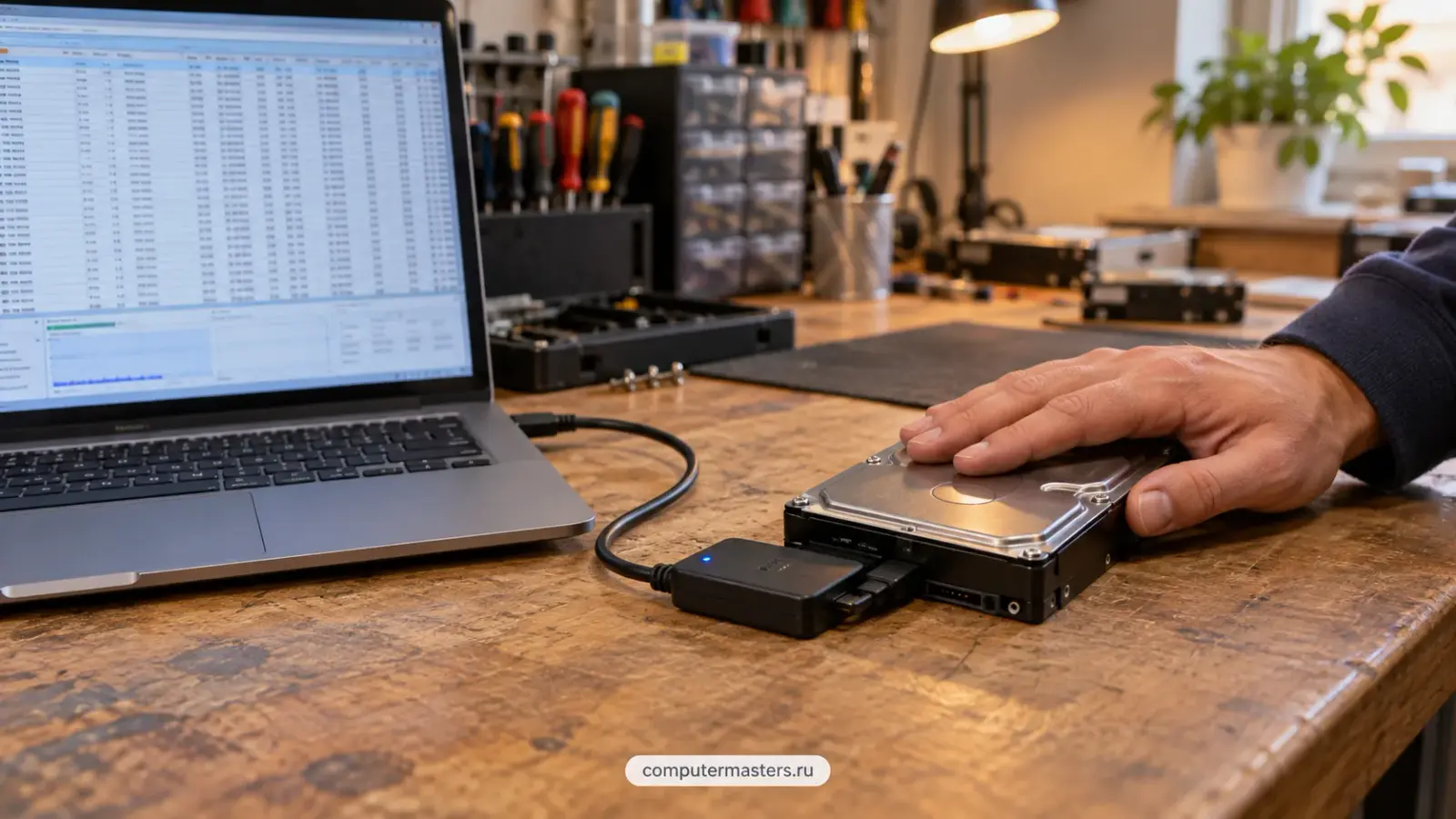 На экране компьютера открыт отчёт о состоянии накопителя, диск подключён к стенду