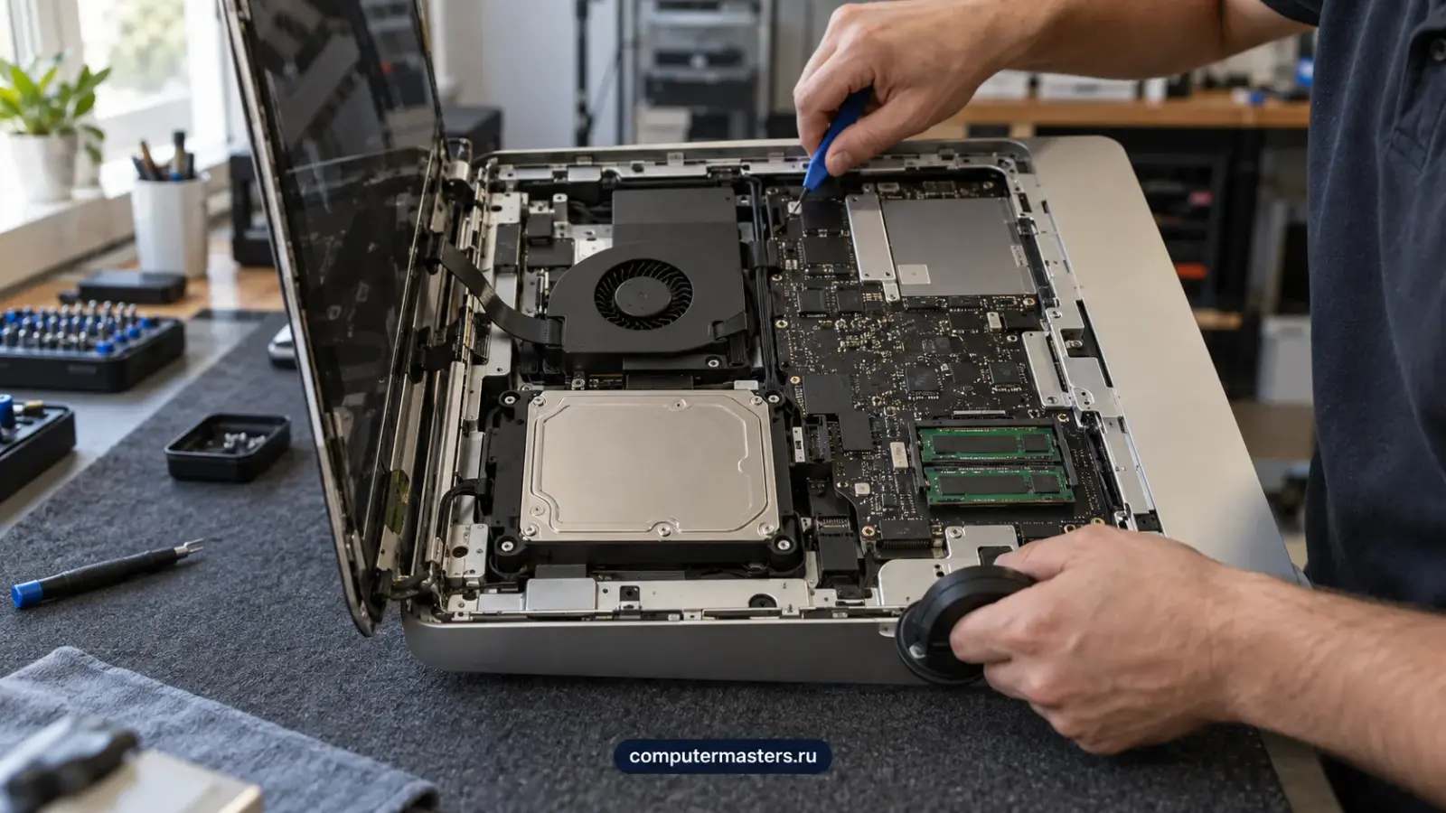 Открытый iMac в мастерской: под отведённой панелью видны диск, вентилятор и плата
