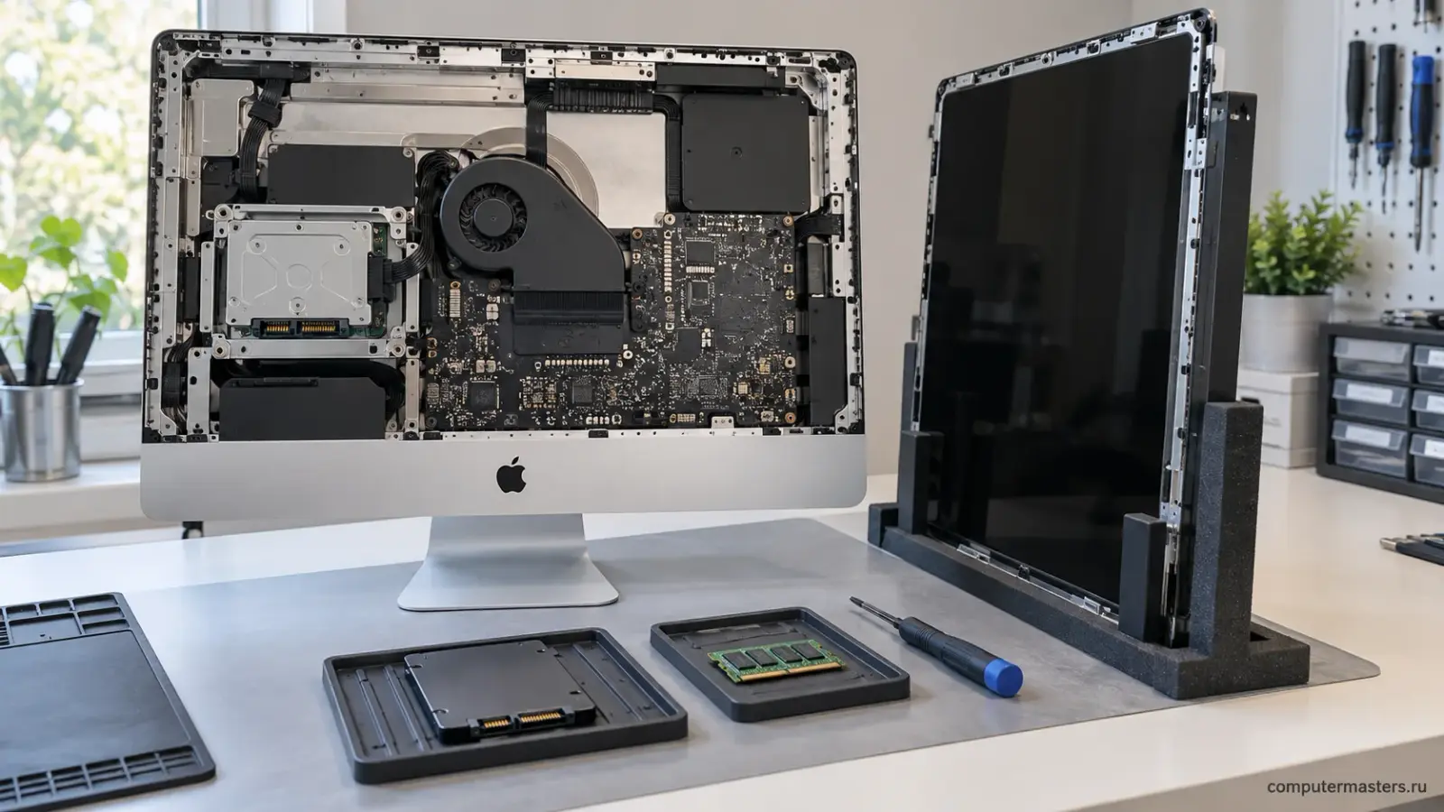 iMac на Intel со снятой панелью; перед компьютером лежат 2,5-дюймовый SSD и планка памяти
