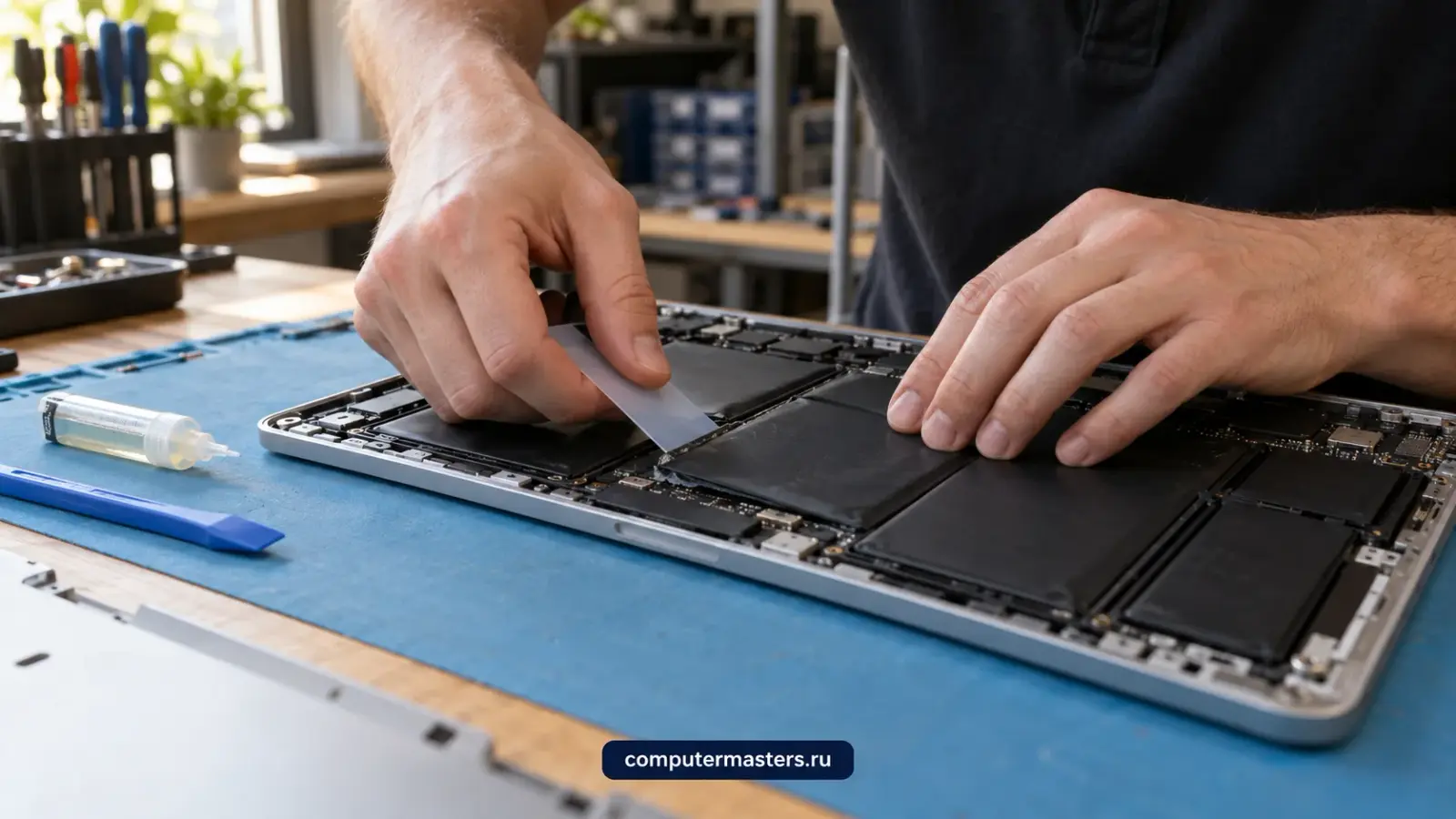 Снятая нижняя крышка MacBook, видны секции аккумулятора и разъём платы