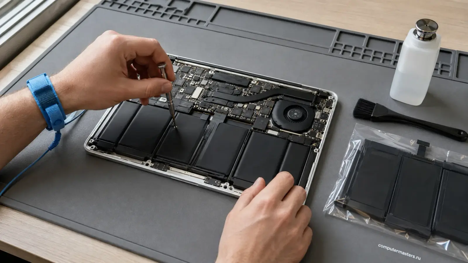 MacBook на столе мастера с открытым экраном установки системы