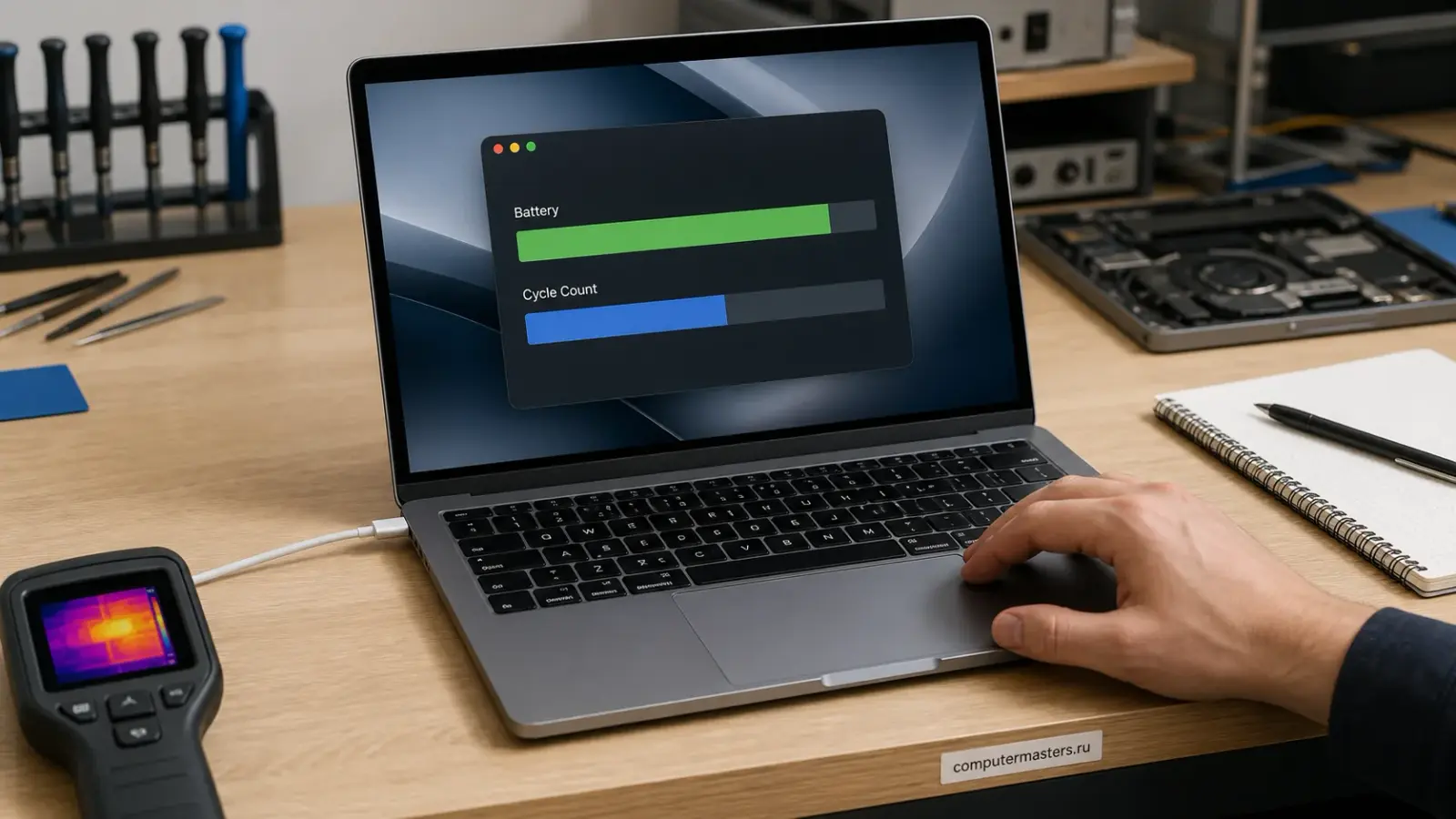 MacBook с условной индикацией батареи на экране, рядом подключённая зарядка и тепловизор