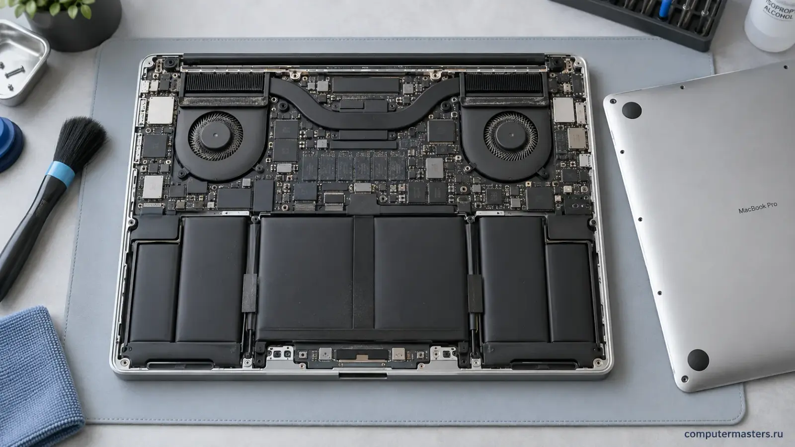 Нижняя часть MacBook Pro без крышки: вентиляторы и радиаторы доступны для осмотра загрязнения