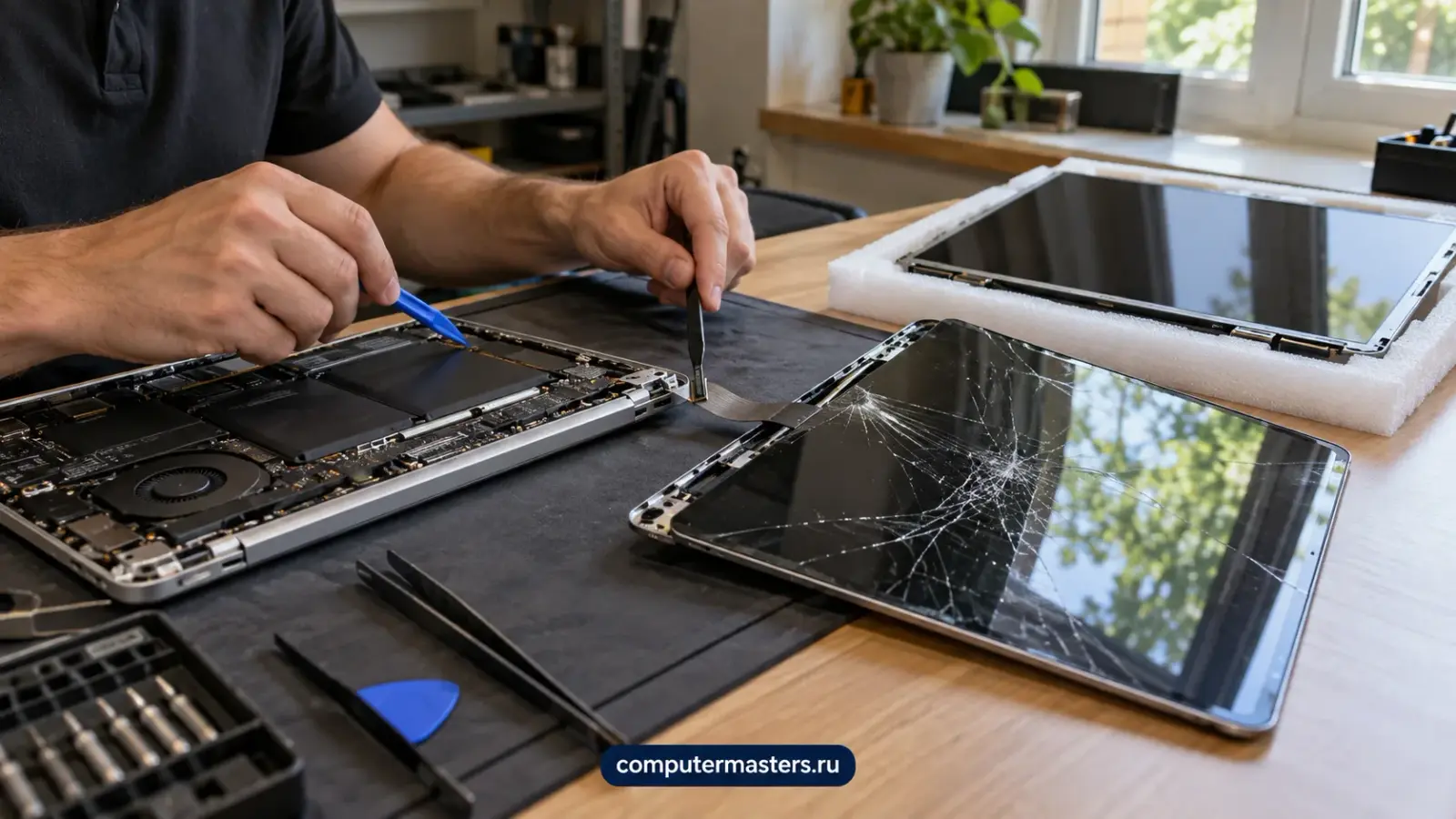 MacBook с открытой крышкой на столе мастера, идёт работа с матрицей