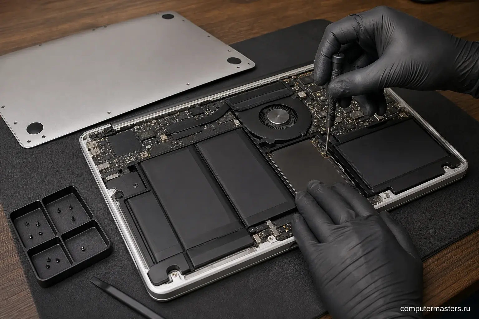 MacBook со снятой нижней крышкой, руки мастера в перчатках работают отвёрткой у накопителя
