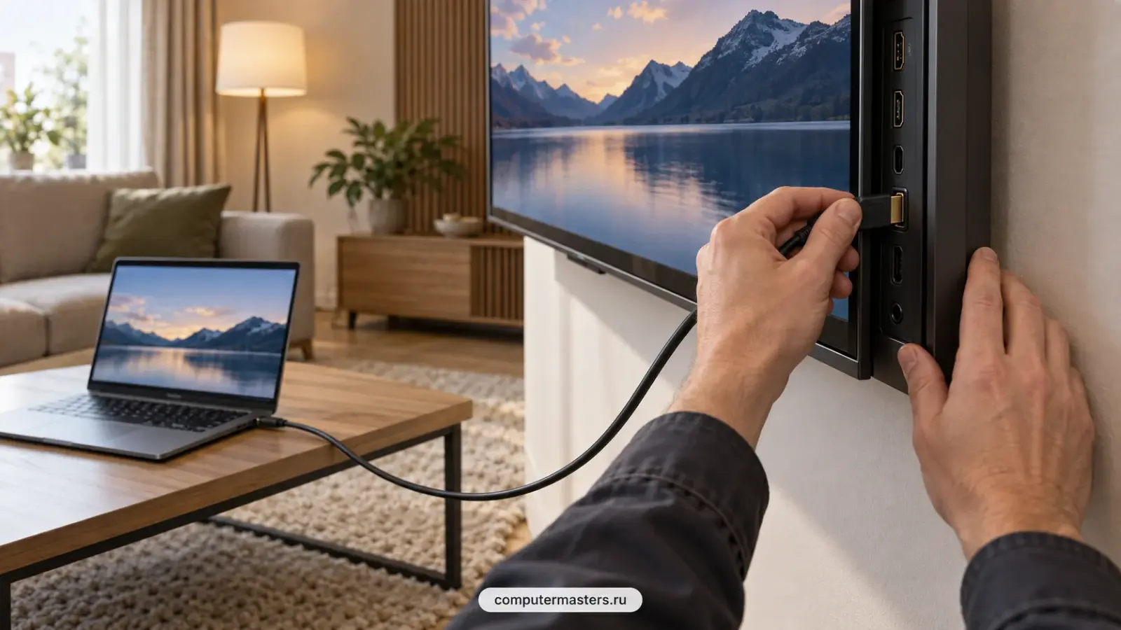 Ноутбук подключается кабелем HDMI к телевизору в гостиной