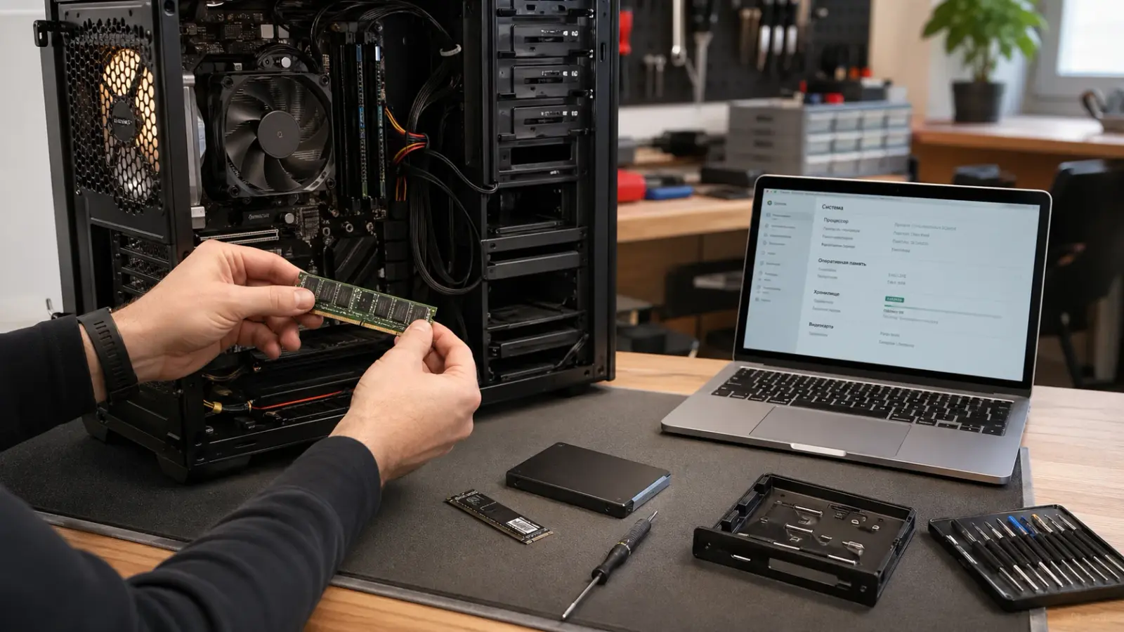 Установка SSD и планок памяти в системный блок на рабочем столе