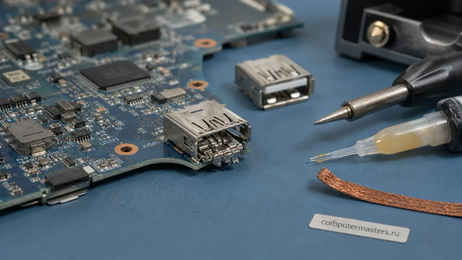 Плата ноутбука на мате, мастер работает с USB-разъёмом у края платы