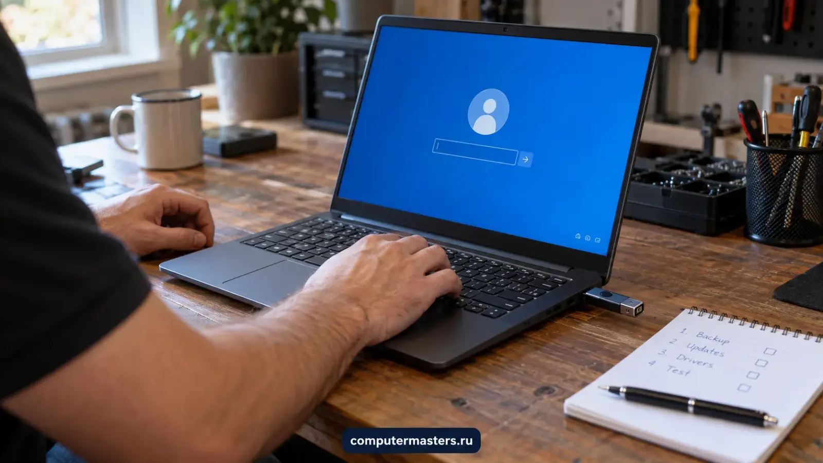 Экран входа Windows на компьютере клиента, мастер работает с загрузочным носителем